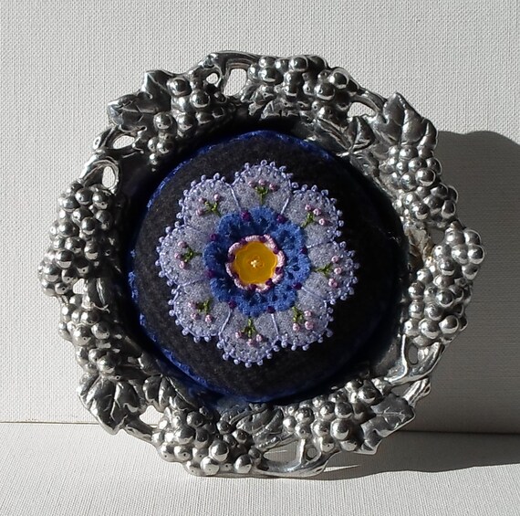 Handmade Felted Wool Bright Blue & Purple Blossom Pin Cushion