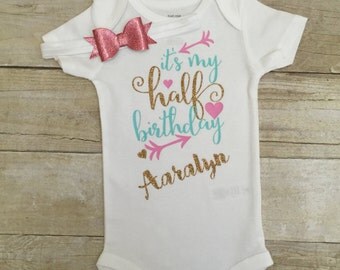 Girls half birthday bodysuit and matching headband. Personalized half bithday bodysuit and matching headband