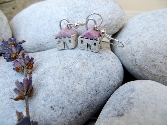 Small House Earrings, Tiny White Ceramic House Earrings, Little Rustic Cottage