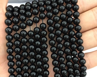 Black Tourmaline Beads, Polished Round Tourmaline Stone Beads, Natural Gemstone Beads 6mm 8mm 10mm 12mm 15'' Strand