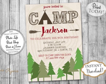 INSTANT DOWNLOAD - Boy Camping Birthday Invitation - Campout Invite - Outdoor Lumberjack Birthday Party - Camp - Sleepover Slumber - 0207