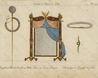 Original Antique Hand Colored Engraving Furniture from Collection de Meubles et Objets de Goût by Pierre de La Mésangère (1761-1831)