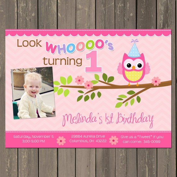 Owl Birthday Invitation, Pink Owl 1st Birthday Invitation, Girls Owl Party Invite with Photo, Printable or Printed Il_570xn