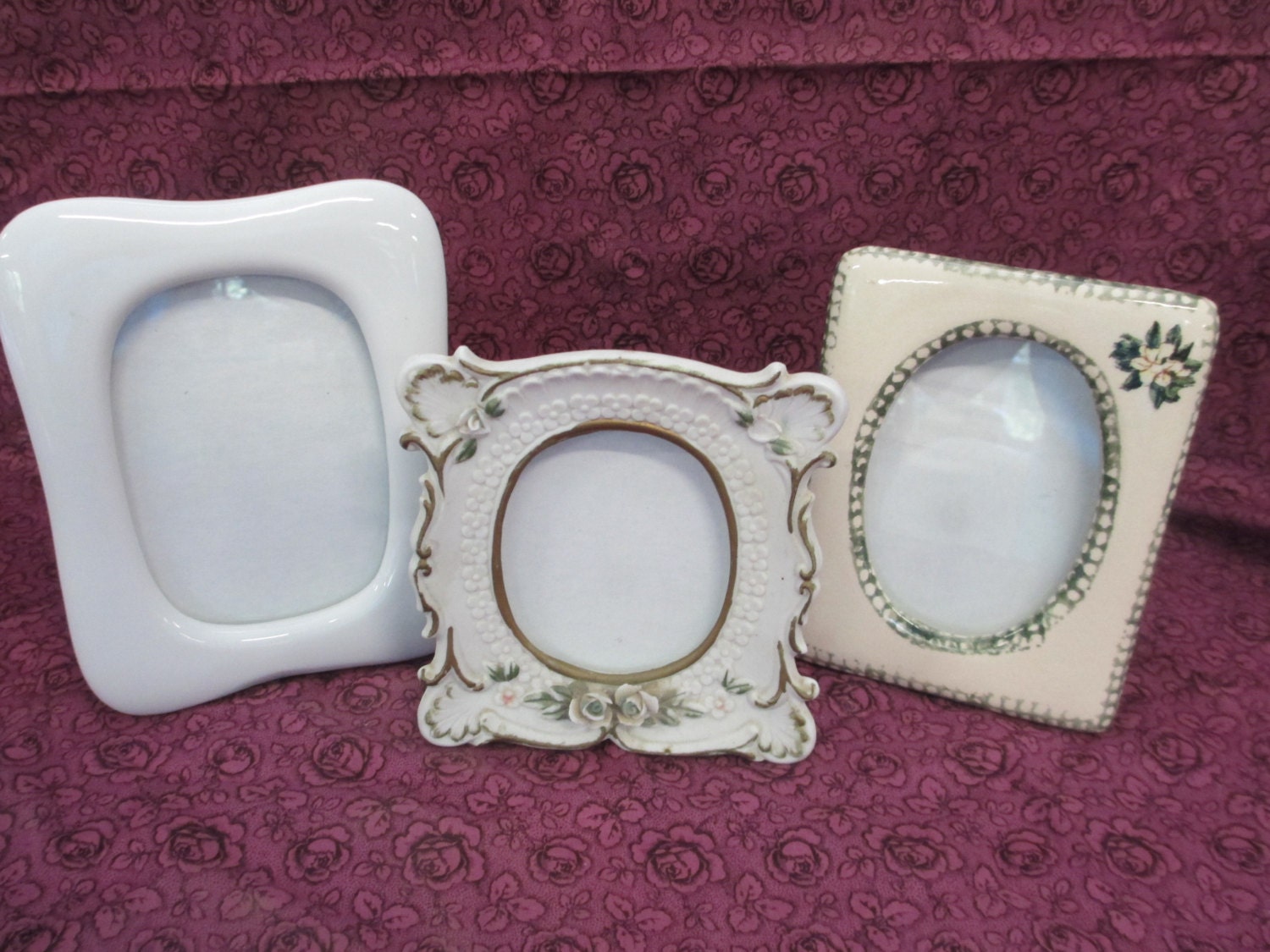 K Vintage 3 photo ceramic frames free standing with glass fronts used
