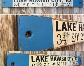 Personalized GPS Coordinate Sign. Distressed Rustic Wood Sign 5.5x48. Can be customized to your favorite town, home or business address.