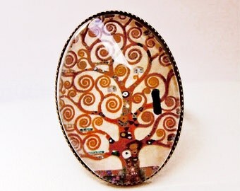 Cabochon ring adjustable "Klimt". Bague ovale : arbre de vie de Klimt