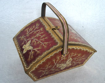 Vintage Tin Picnic Basket with 2 lids & handle (old tea box), about 40s 50s, Germany