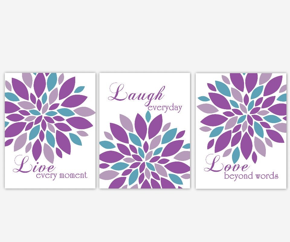 Live Laugh Love Flower Wall Art Purple Teal Dahlias Mum Bursts