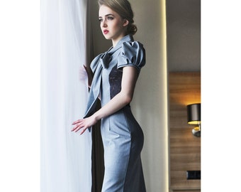 Puff sleeve dress, womens dress, bow tie dress, gray dress, knee length dress, pencil dress, office dress, business look, business dress