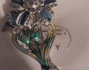 Vintage enamel and marcasite blue flower brooch