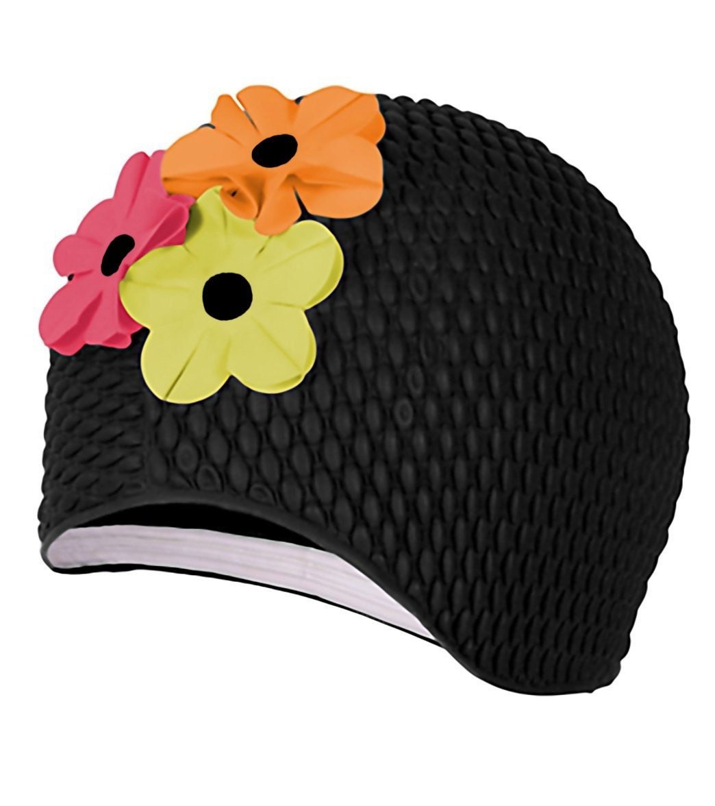 Vintage Retro Style Floral Swim Cap Black with Contrast