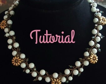 Beading Tutorial, Beading Pattern For Flowers and Ivy Vine Necklace; Sunflowers, Swarovski Pearls, Superduos