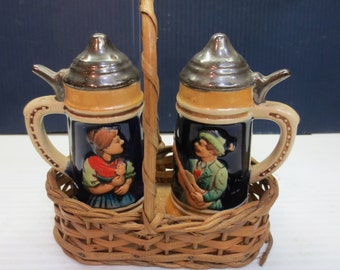 Vintage Ceramic Stein Salt and Pepepr Shakers in a Basket