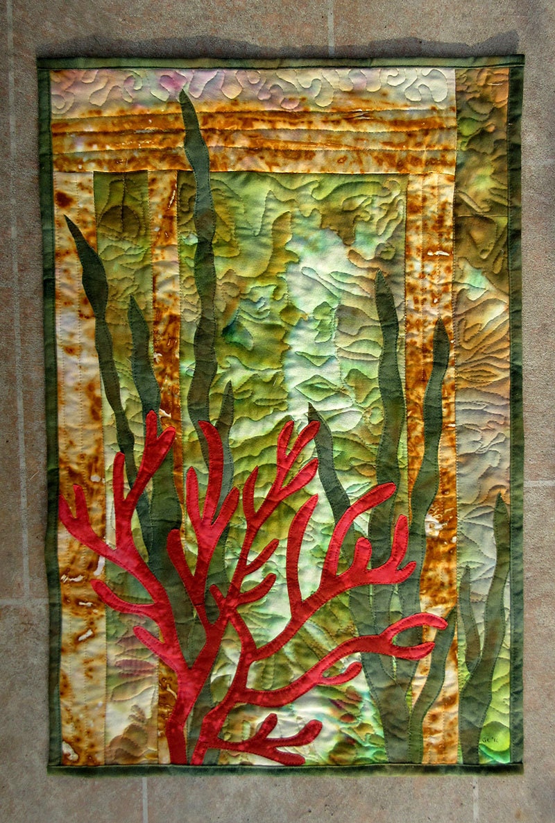 Hand painted fabric art quilt wallhanging Beneath the Sea