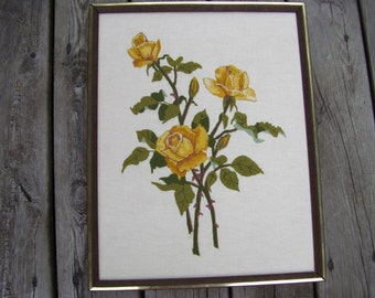 Vintage Yellow Rose Needlepoint Framed,Garden Roses