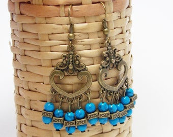 Valentines\day\gift\for\girlfriend gifts heart earrings Heart jewelry blue earrings love jewelry chandelier earrings bronze jewelry gift