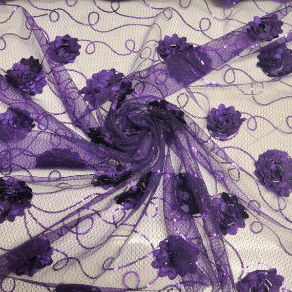 Purple Embroidered Net Fabric with Flowers and Sequins Style