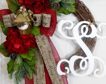 Personalized Christmas Wreath Burlap Wreath Door Wreath Holiday Wreath Home Decor Winter Wreath Monogram Wreath Rustic Wreath Grapevine