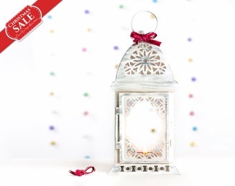Wedding Lantern Centerpiece Unique Filigree White Silver Metal Candle Holder, Moroccan Home Decor, Gift for Her