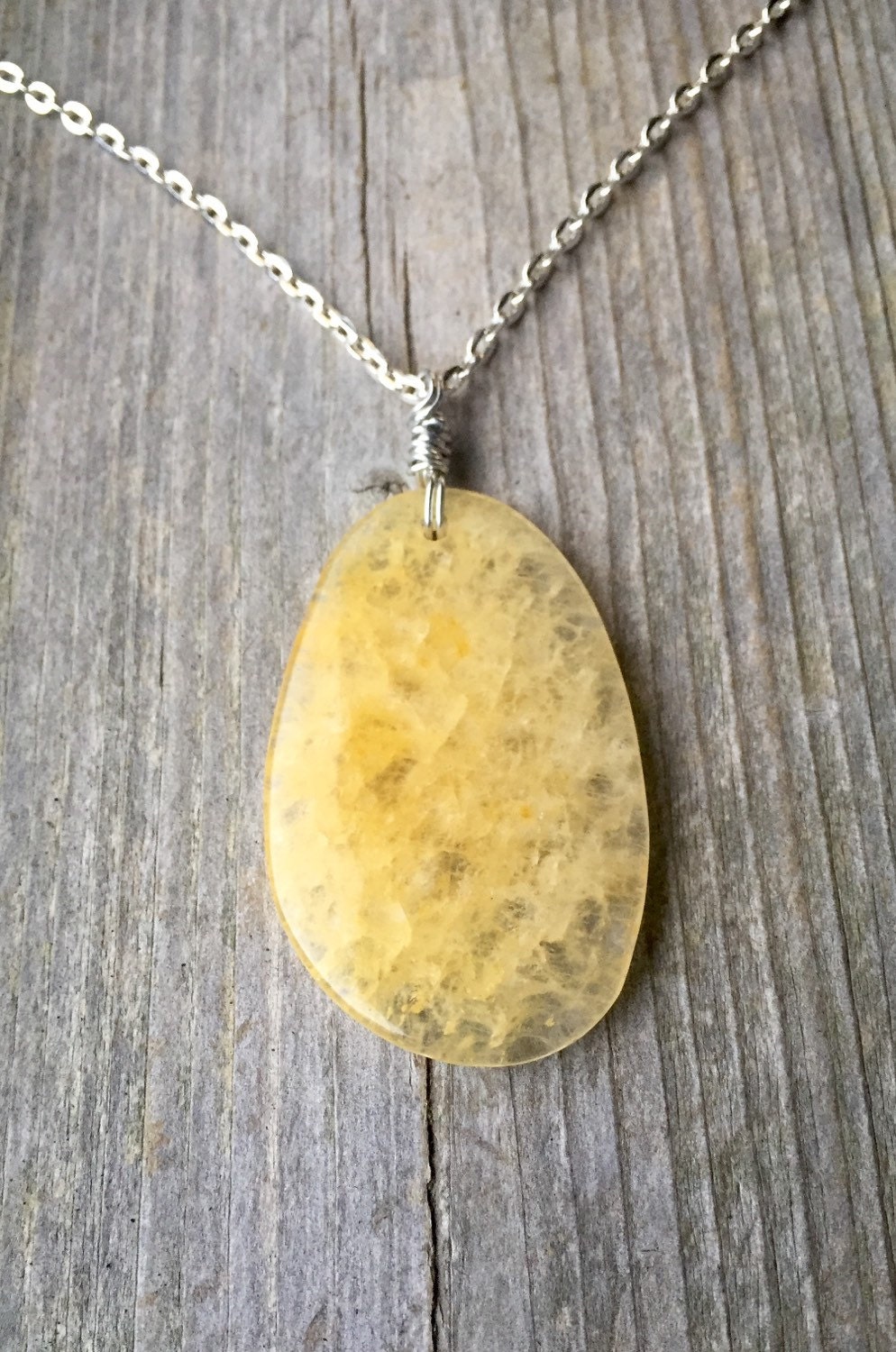 SALE Yellow Quartz Flat Oval Pendant Necklace On Silver Shiny