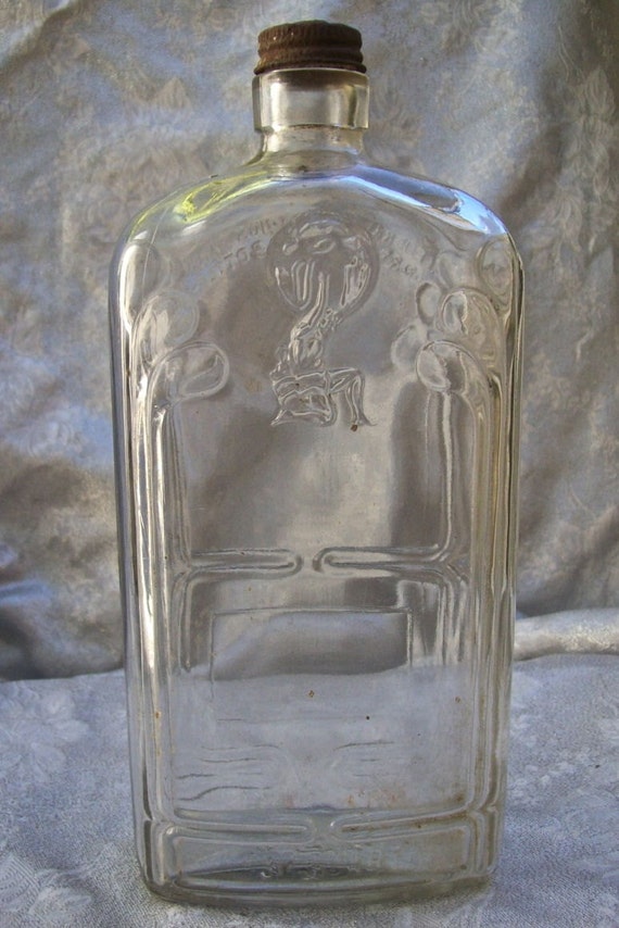 Old Empty Art DECO Quart GLASS Liquor BOTTLE with Mythological