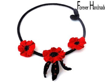 Red Poppies Crochet NecklaceCrochet Tube Necklace