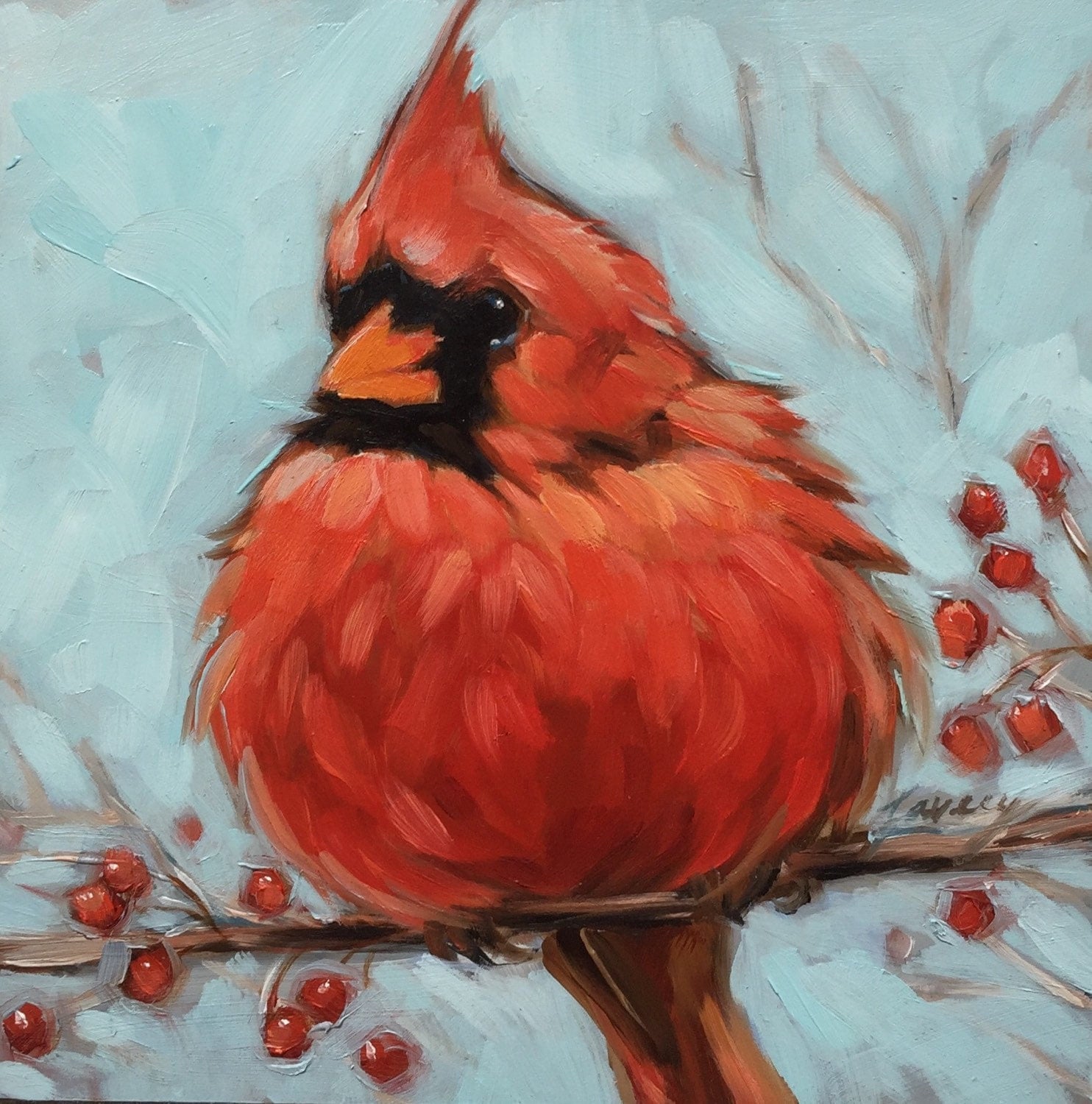 Cardinal painting 5x5 impressionistic original oil