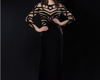 Black velvet evening dress, Long formal dress from plush, Black cocktail dress with handmade stripes, Goth long evening gown in black velvet