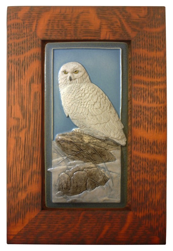 Framed art tile Snowy Owl 4 x 8 inches tile 7