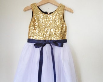 Gold, White and navy flower girl's dress, gold sequined and navy dress, gold flower girl dress