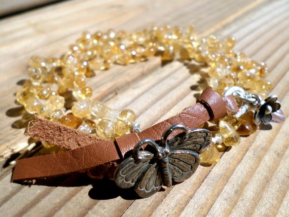 Citrine Bracelet and Hill Tribe Silver, Butterfly Bracelet, Fine Silver Flower Charm, November Birthstone, Citrine Teardrop, Triple Wrap