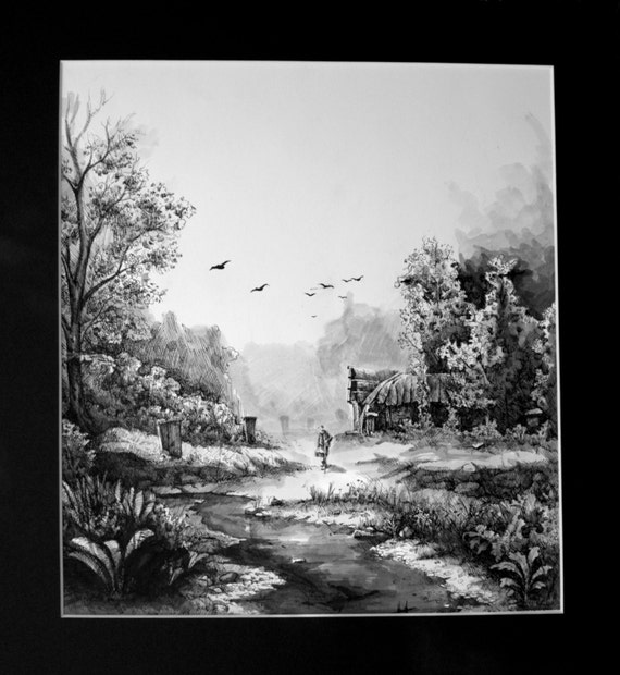 Ink Drawing The river hand drawing pen and ink