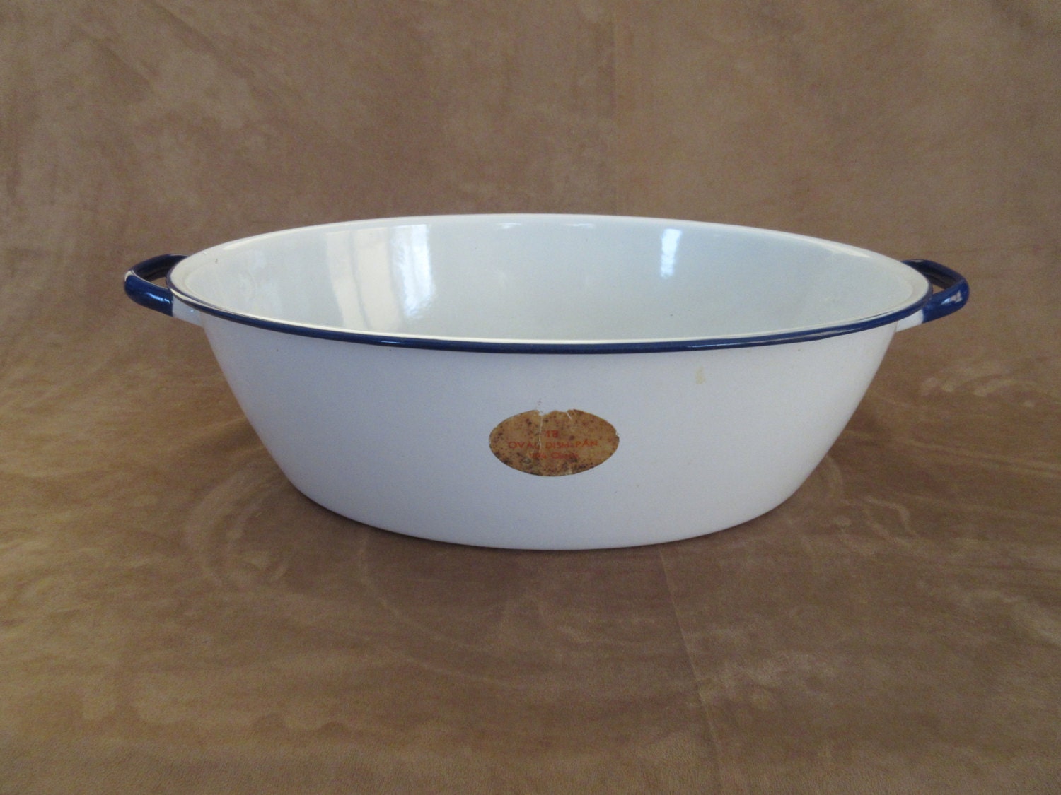 Vintage Enamelware Large Oval Dish Pan White with Blue Trim