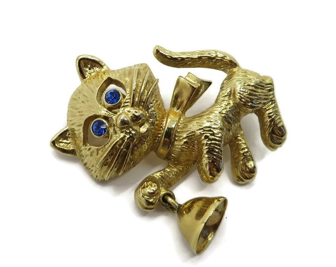 Vintage AVON Cat Brooch, Gold Tone Kitten, Bell Pin, 1980s Jewelry, Gift for Her, Gift Boxed