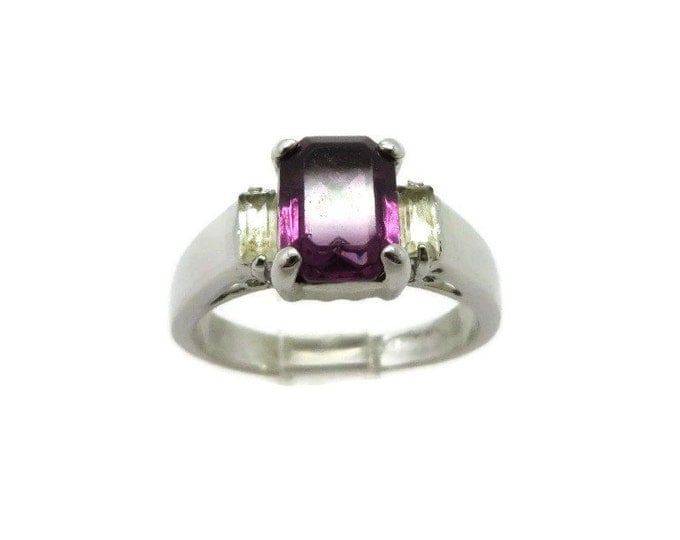 Vintage Amethyst Glass Ring, Silver Toned Emerald Cut Costume Jewelry Ring, Size 6.5