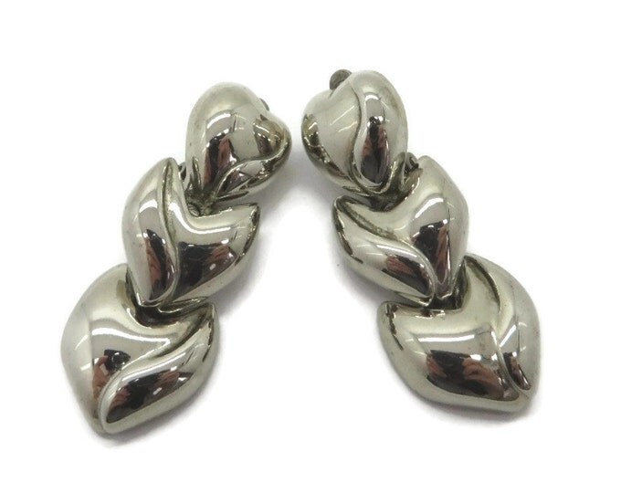 Dangling Heart Earrings - Vintage Fernando Originals Earrings, Silver Tone Clip-ons, Gift for Her, Gift Box