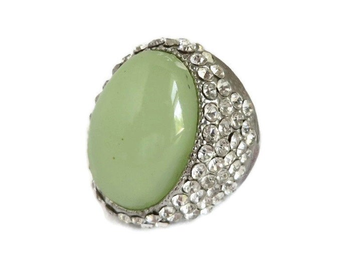 Vintage Green Cabochon Rhinestone Ring, Silver Tone Statement Ring, Size 7