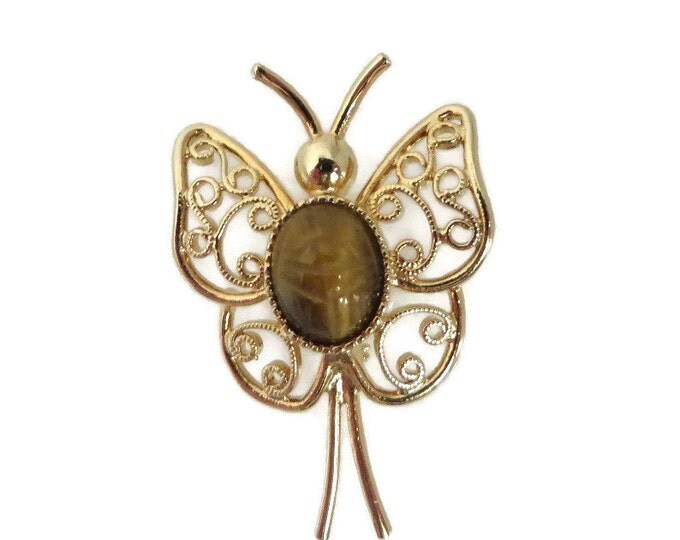 Tiger Eye Butterfly Pin - Vintage Sarah Coventry Wedding, Birthday, Insect Gold Tone Pin, Gift for Her