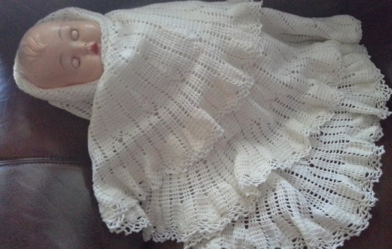 baby shawl handmade crocheted white cream circular round large