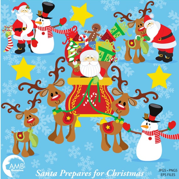 Santa Claus Clipart, Christmas Clipart, Santa and Sleigh Clipart, Reindeer Clipart, Snowmen Clipart, Commercial Use, AMB-508 Il_570xn