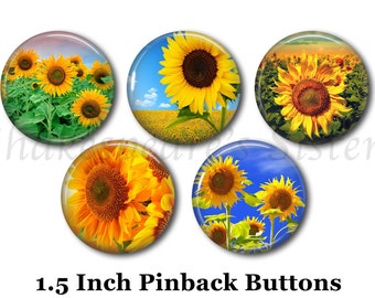 Sunflower Pins - Flower Pins - 5 Pinback Buttons - 1.5" Pinbacks - Sunflower Pinback Buttons