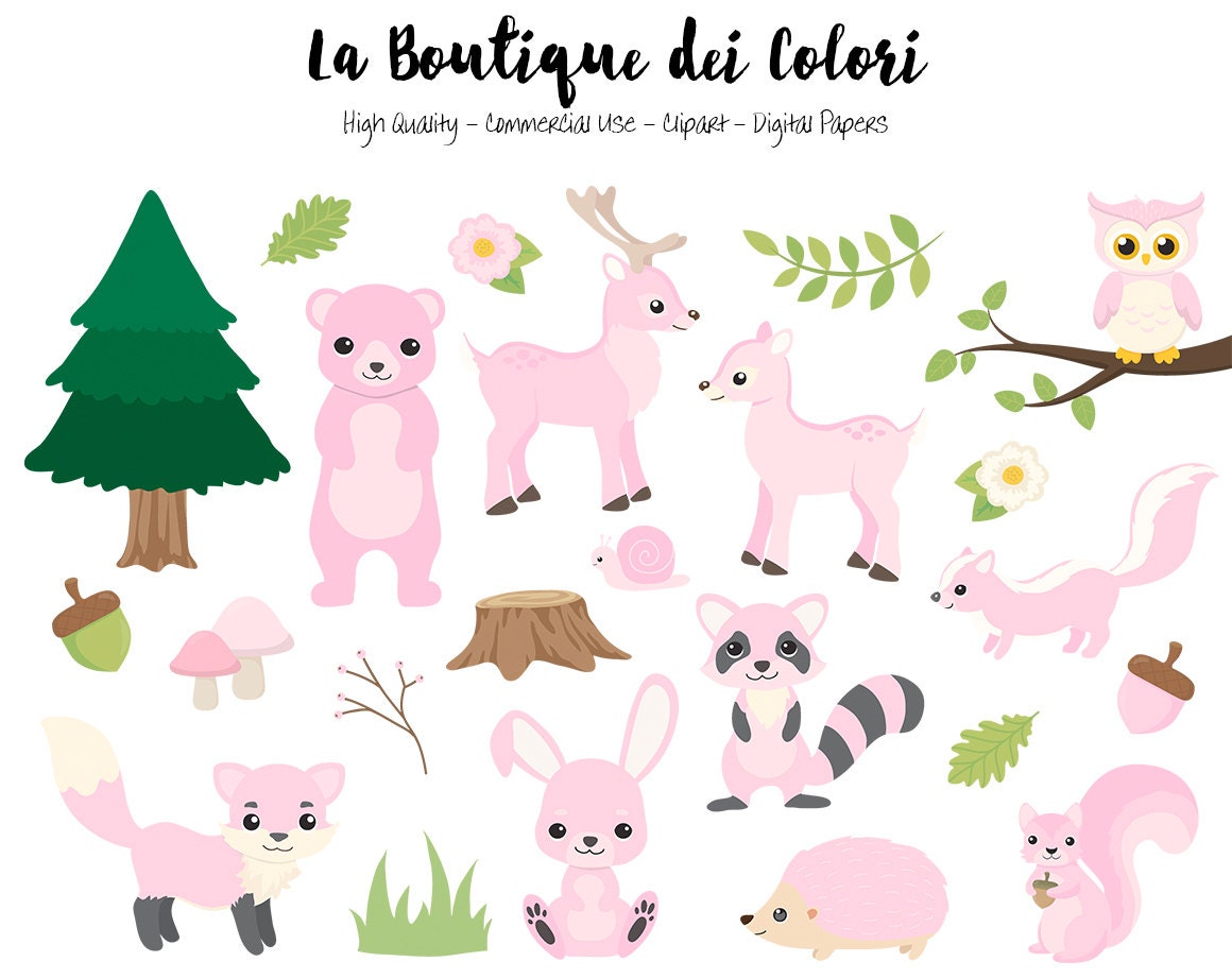 Pink Woodland Animals Clipart Cute Digital Graphics PNG Fox