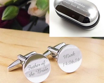 Mens Personalised Father of the Bride Wedding Day Custom Engraved Round Cufflinks - Personalised Engraved Gift Box Available