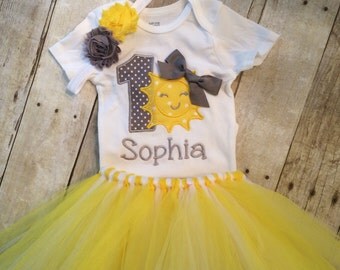You are my sunshine first birthday outfit , 1st birthday sun outfit - Toddler , Baby Girl personalized , 1st Birthday girl , yellow grey