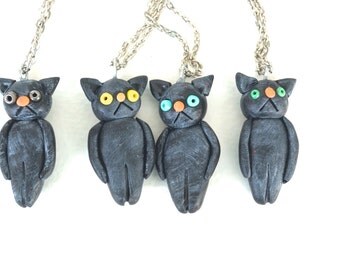 Black Cat Pendant for Halloween from Polymer clay folk art primitive goth