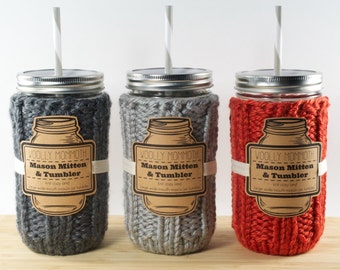 Mason Mitten & Tumbler Set || Knitted Mason Jar Cozy, Tumbler and Reusable Straw + Choose Your Color