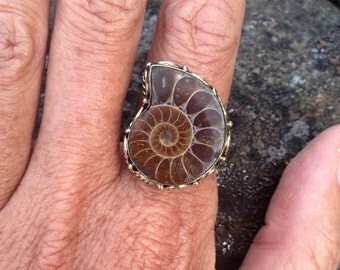 Brass Petite Ammonite Ring, Tribal Spiral Fossil Sacred Geometry Ancient Rings - R132