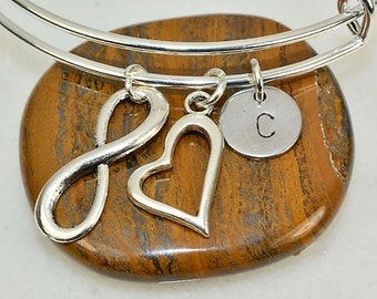 Personalized Bangle,Heart Initial Bangle,Infinity Bangle,nitial Bangle Bracelet,Best Friend Gift,Sister Gift,Couple Bracelet,BFF,Xmas Gift