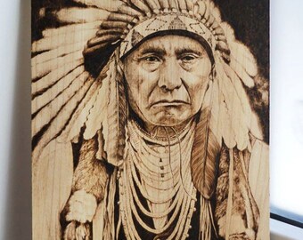 Native american portrait pyrography/ woodburning handmade