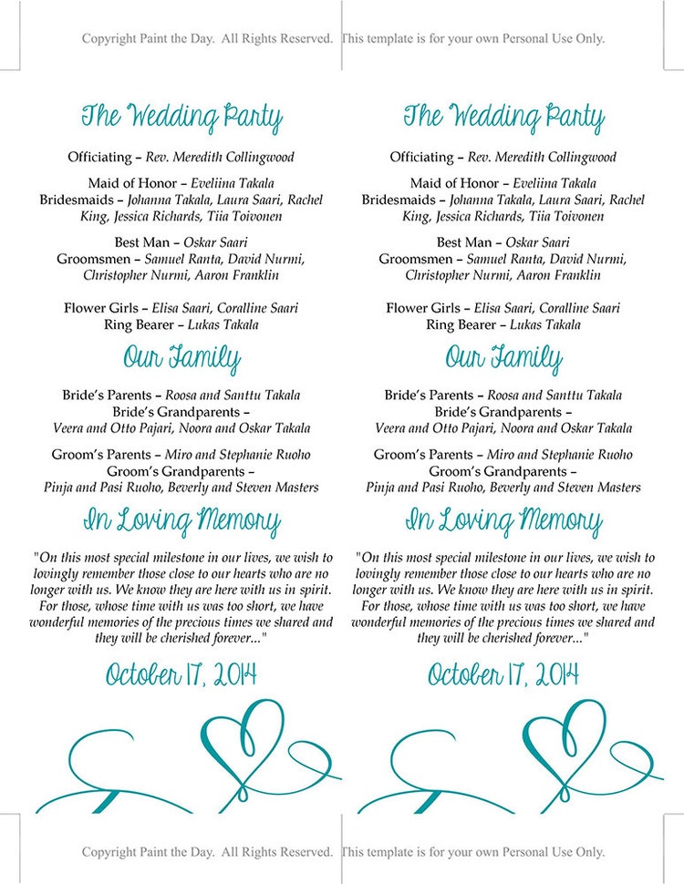 DIY Wedding Program Template Heart Wedding by PaintTheDayDesigns